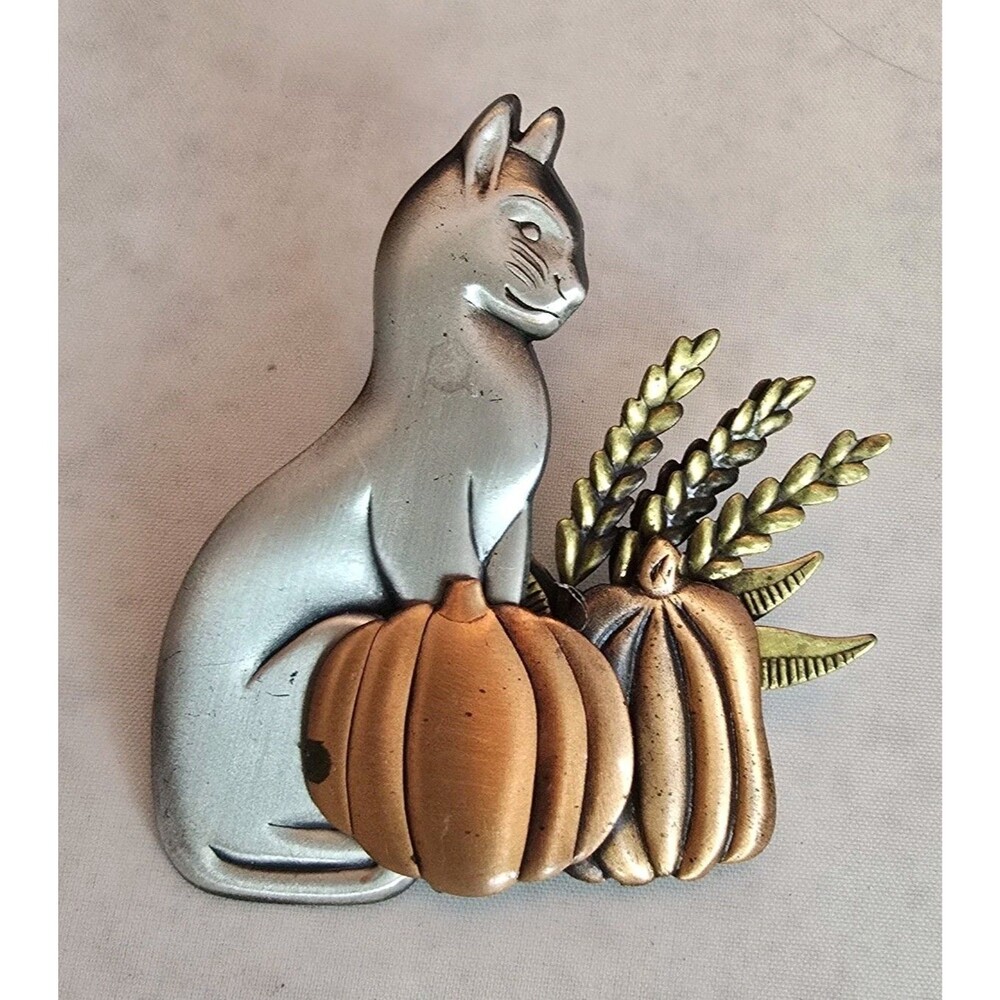 Cat Pumpkin Brooch Pin Fall Harvest Autumn Wheat Mixed Metal Silver Gold Tone